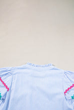 Load image into Gallery viewer, Sky Blue Stripe Ricrac Trim Split Neck Striped Ruffled Sleeve Blouse
