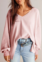 Load image into Gallery viewer, Light Pink Waffle V Neck Long Sleeve Drop Shoulder Loose Blouse
