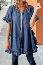 Load image into Gallery viewer, Dusk Blue Chambray Ruffle Hem Half Sleeve Open Loose Kimono
