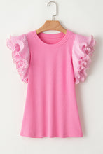 Load image into Gallery viewer, Strawberry Pink Ruffled Pleated Mesh Sleeve Ribbed Knit Slim Fit T Shirt
