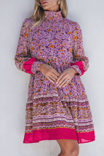 Load image into Gallery viewer, Purple Floral Smocked Puff Sleeve High Neck Mini Dress
