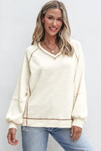 Load image into Gallery viewer, Beige Exposed Seam Textured Knit V Neck Pullover Top
