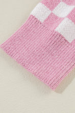 Load image into Gallery viewer, Pink Checkered Buttons Collar V Neck Drop Shoulder Sweater
