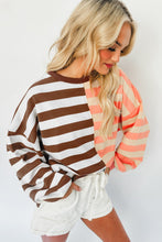 Load image into Gallery viewer, Brown Stripe Color Block Drop Shoulder Pullover Sweatshirt
