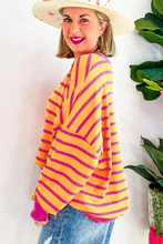 Load image into Gallery viewer, Orange Stripe Trimmed Round Neck Drop Shoulder Loose Sweater
