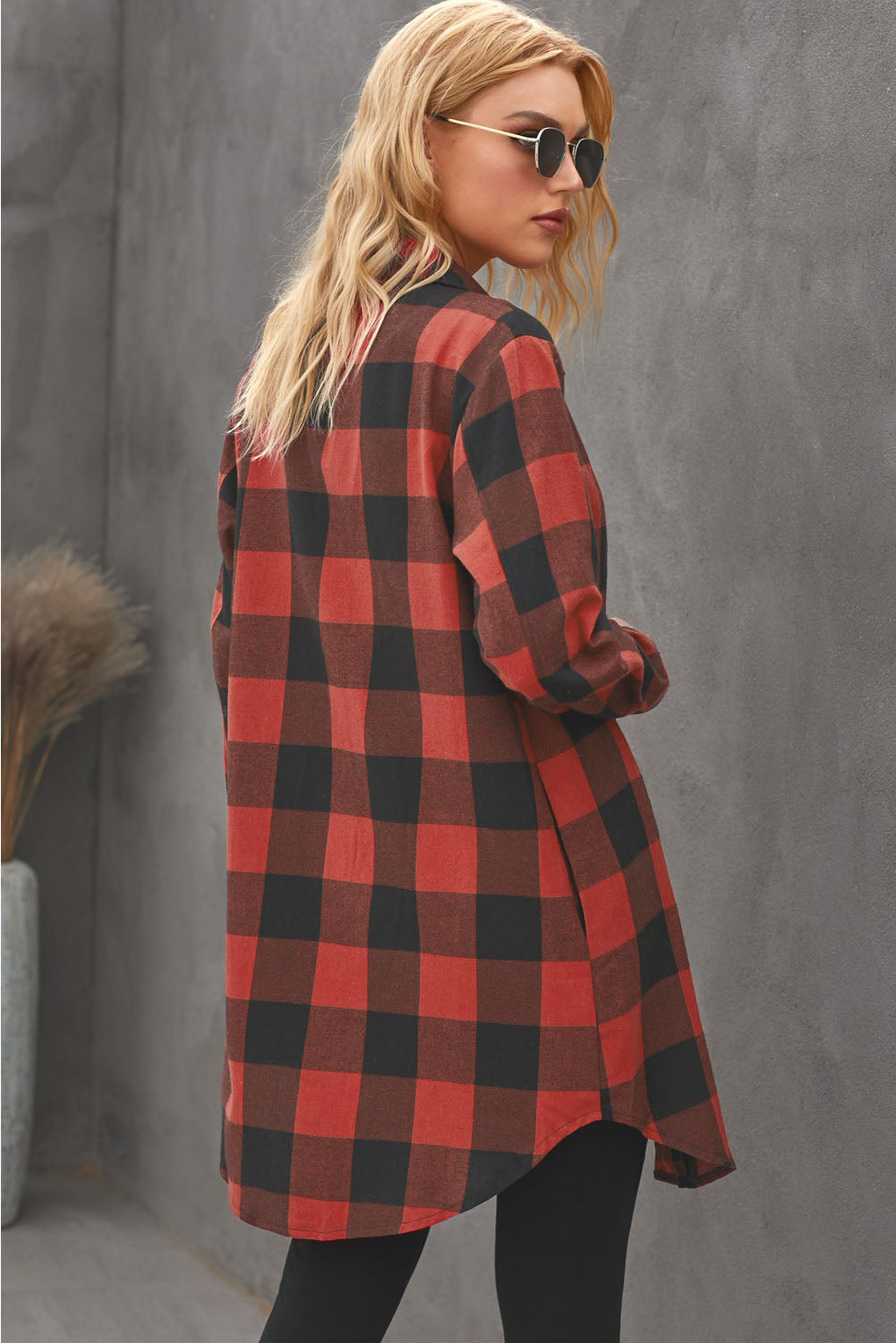 Green Turn-down Collar Plaid Shirt Coat