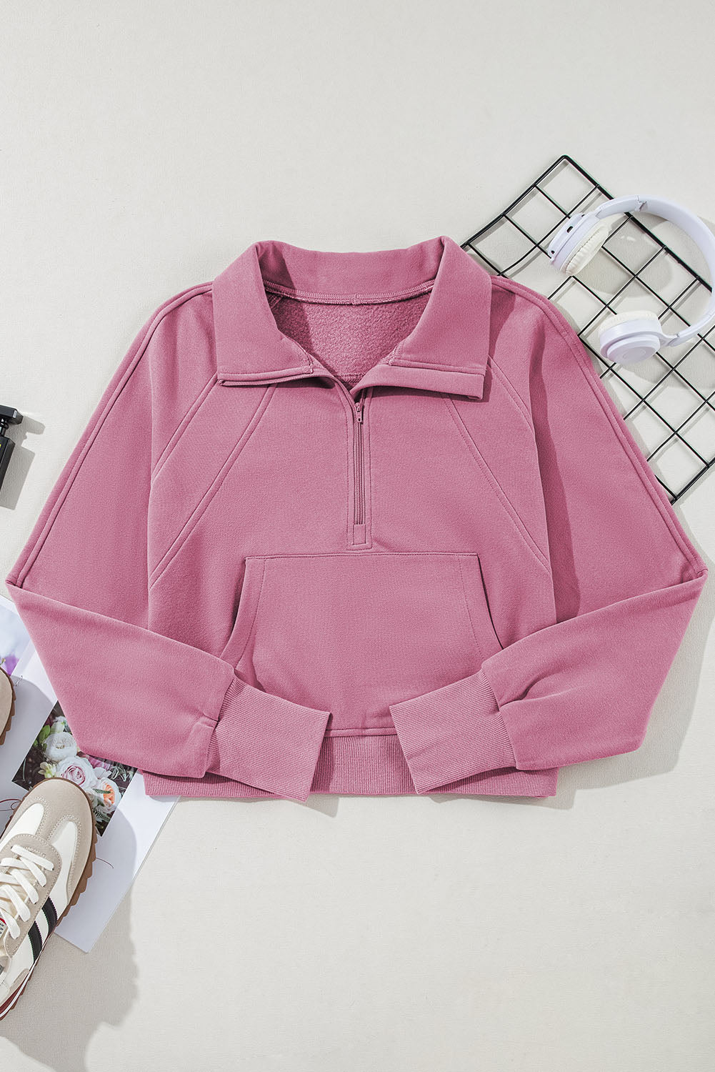 Flamingo Fleece Lined Zip Up Stand Collar Thumbhole Sleeve Sweatshirt