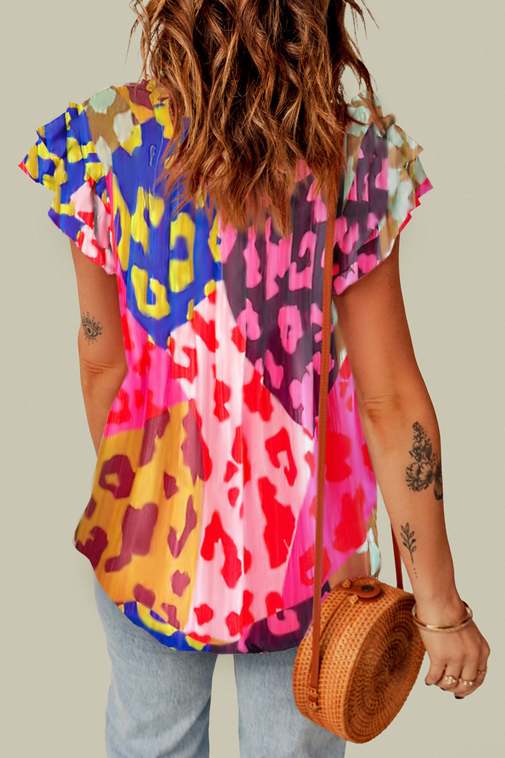 Multicolour Leopard Flutter Sleeve V Neck Crinkled Blouse