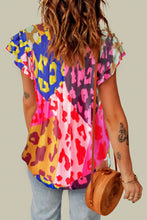 Load image into Gallery viewer, Multicolour Leopard Flutter Sleeve V Neck Crinkled Blouse
