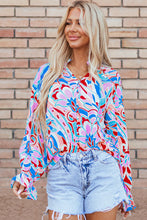 Load image into Gallery viewer, Pink Abstract Print Frilly Neck Ruffled Sleeve Blouse
