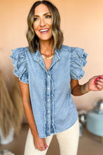 Load image into Gallery viewer, Beau Blue Button Front Ruffled Flutter Frayed Denim Top
