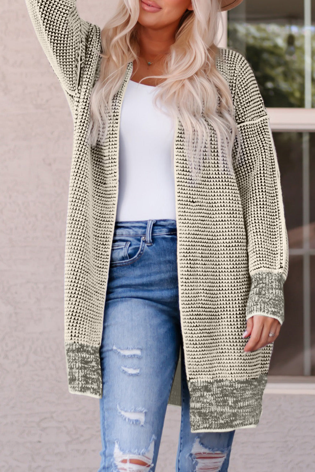 Yellow Plaid Knitted Long Open Front Cardigan