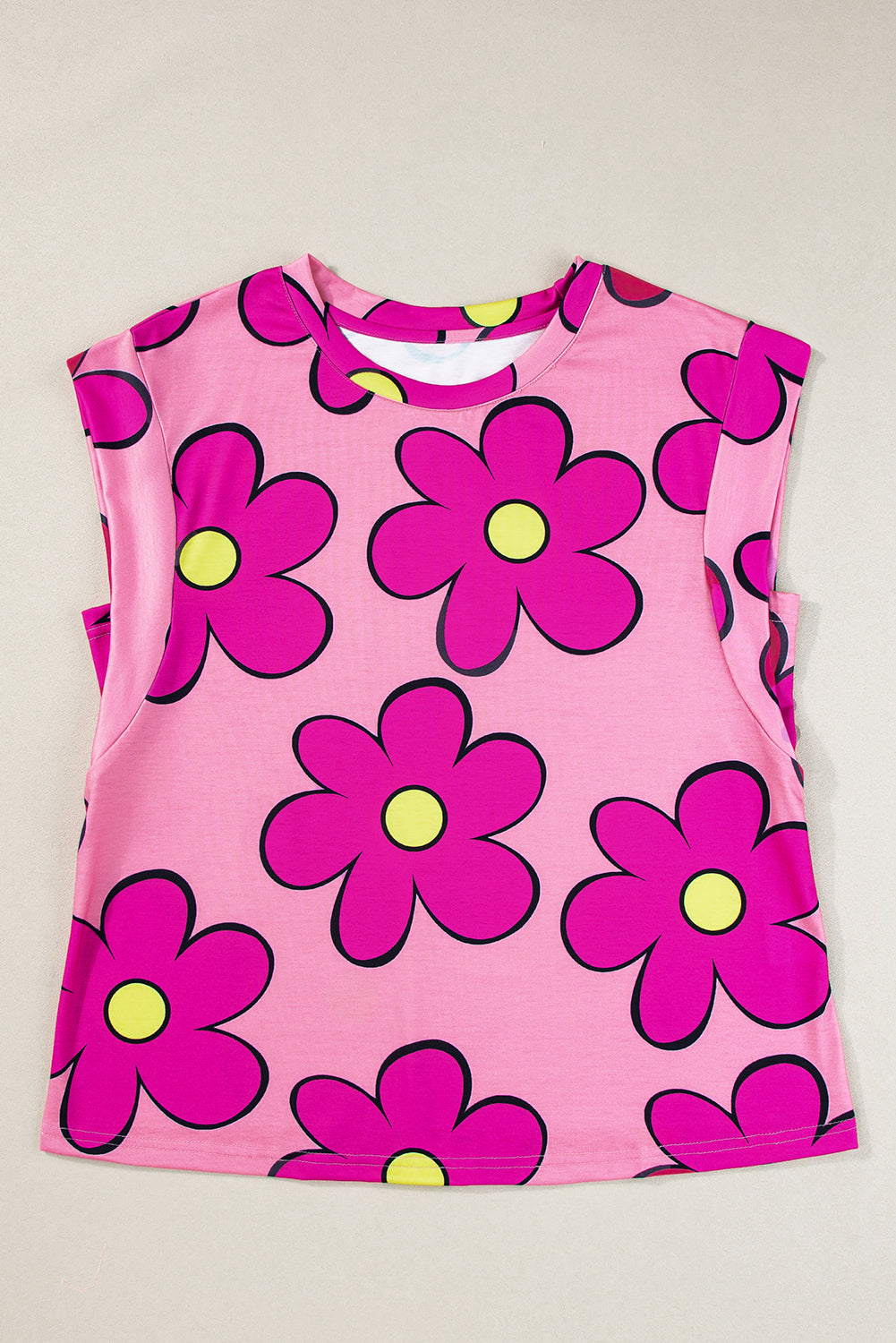 Pink Flower Print Round Neck Cap Sleeve T Shirt