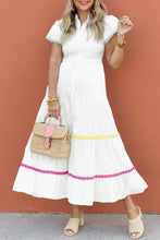 Load image into Gallery viewer, White Colorblock Rickrack Trim Short Sleeve Drawstring Waist Long Dress
