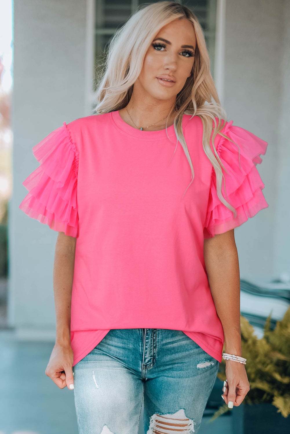 Fiery Red Tulle Ruffle Sleeve Top