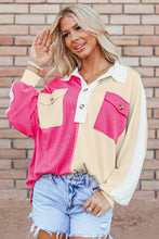 Load image into Gallery viewer, Rose Red Colorblock Ribbed Collared Oversized Sweatshirt
