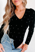 Load image into Gallery viewer, Black Velvet Beaded Long Sleeve V Neck Bodysuit
