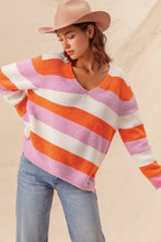 Load image into Gallery viewer, Orange Stripe Colorblock V Neck Casual Sweater
