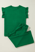 Load image into Gallery viewer, Dark Green Ruffled Sleeve Summer Top and Cropped Loose Pants Set
