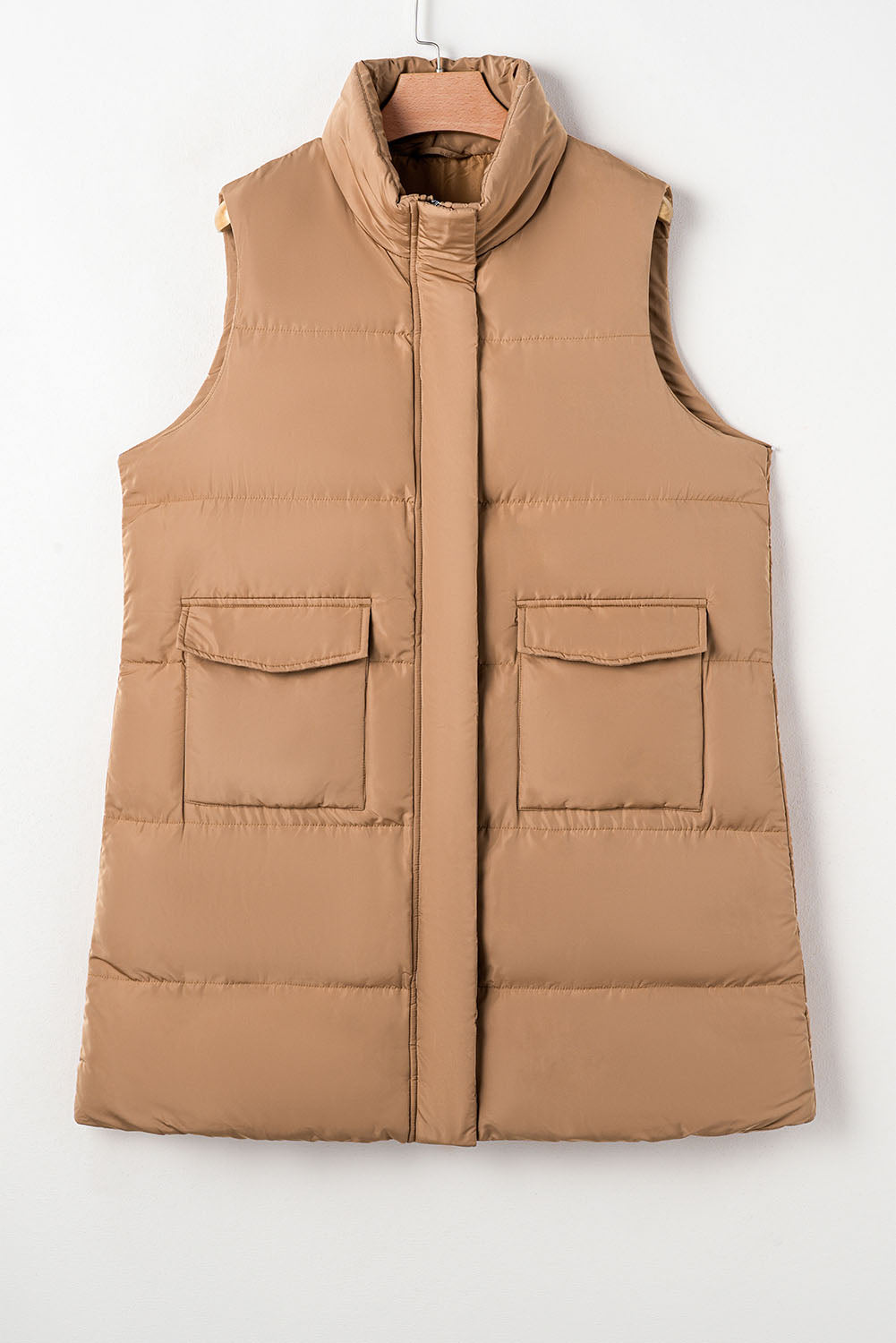 Black Windproof Longline Full Zipper Puffer Vest with Pockets