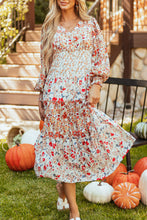 Load image into Gallery viewer, Khaki Floral Print Ruffled Tiered Long Sleeve V Neck Midi Dress
