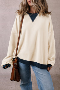 White Color Block Patch Drop Shoulder Oversized Sweatshirt