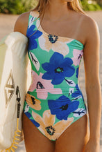 Load image into Gallery viewer, Green Floral Print Ruched Cut Out One Shoulder Monokini
