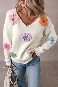 White Crochet Flower V Neck Sweater