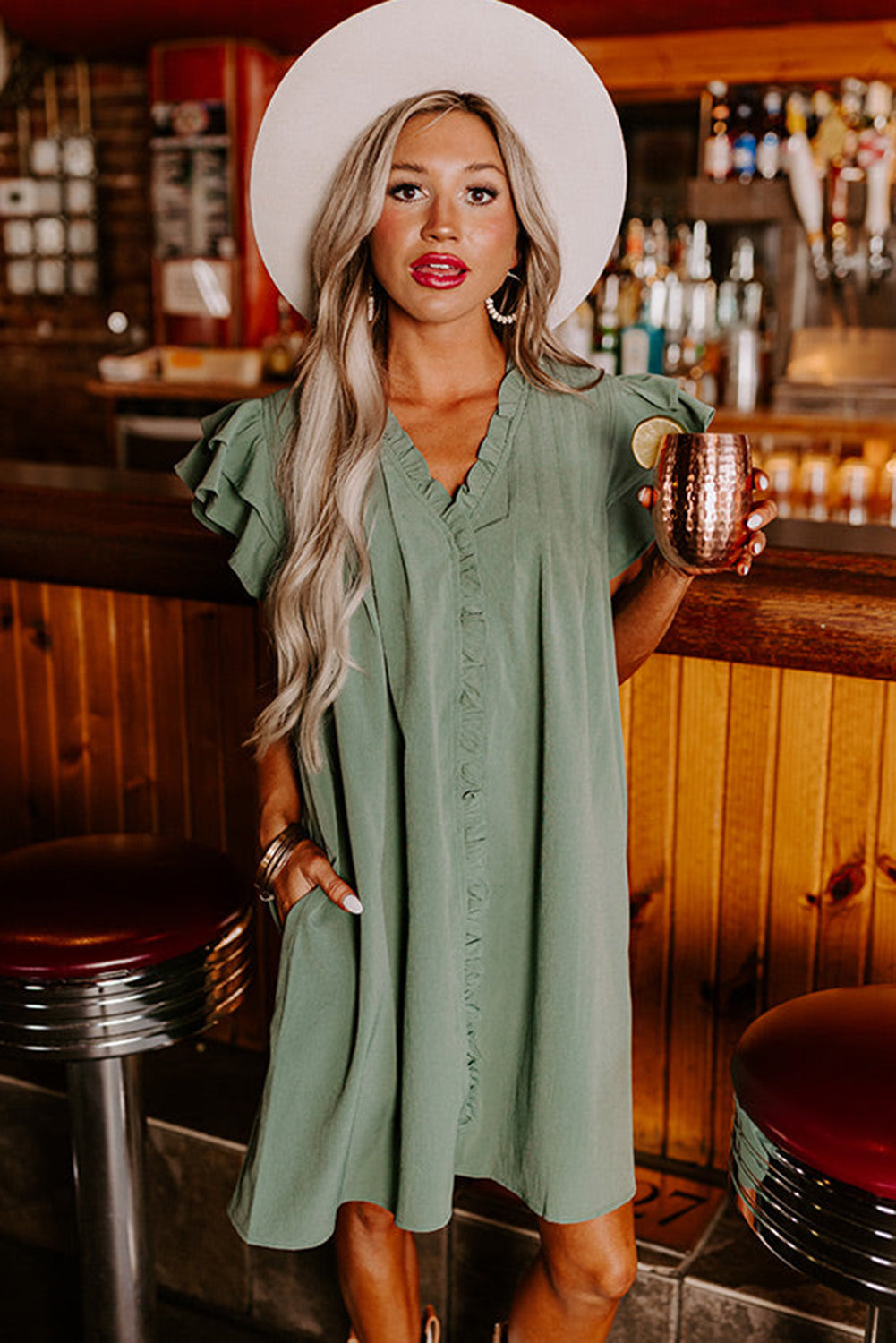 Mist Green Ruffle Sleeve V Neck Frilled Shift Dress