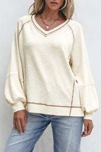 Beige Exposed Seam Textured Knit V Neck Pullover Top