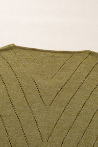 Sage Green Solid Eyelet Drop Shoulder V Neck Sweater