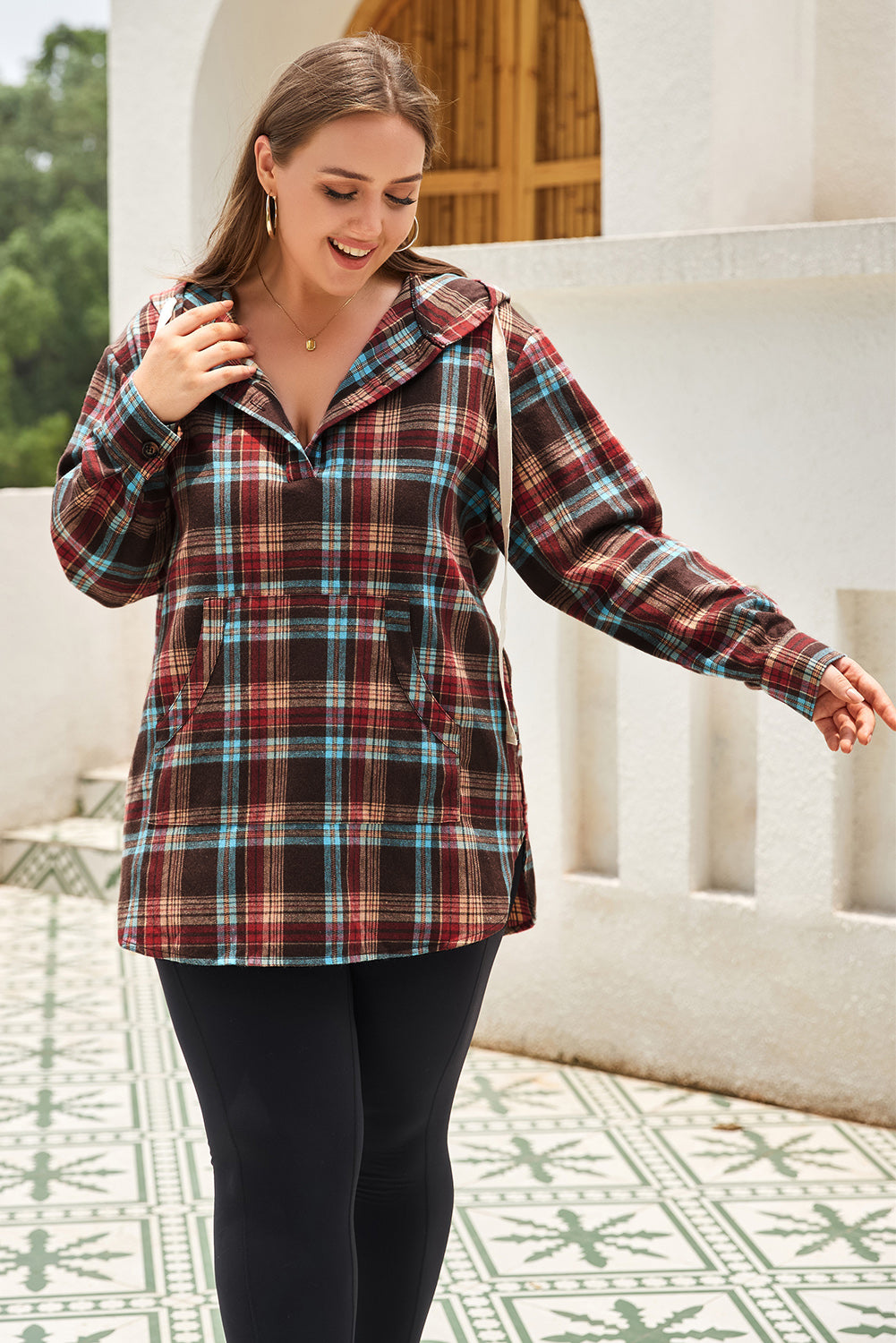 Green Plus Size Plaid Kangaroo Pocket Drawstring Hoodie