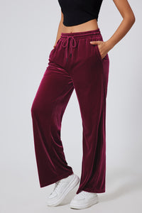 Burgundy Solid Drawstring Waist Wide Leg Pants