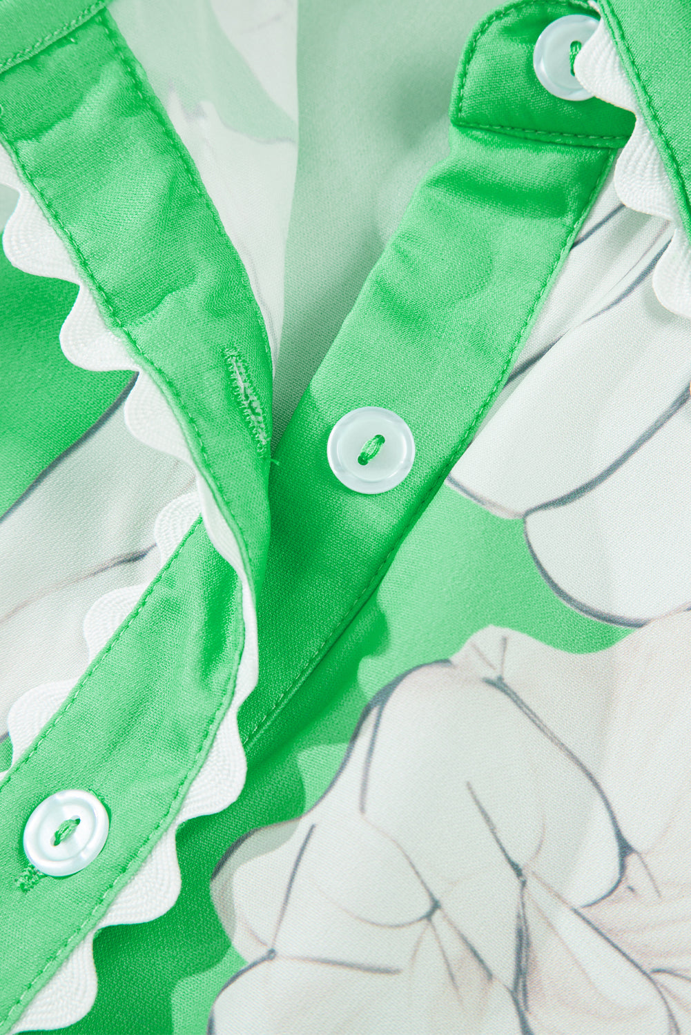 Green Floral Ric Rac Edge Puff Sleeve Button Up Summer Shirt