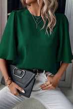 Load image into Gallery viewer, Blackish Green Solid Color Satin Keyhole Back Wide Sleeve Blouse
