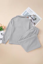 Load image into Gallery viewer, Light Grey Solid Textured Collared V Neck Top and Wide Leg Pants Set
