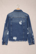 Load image into Gallery viewer, Sky Blue Lapel Distressed Raw Hem Buttons Denim Jacket
