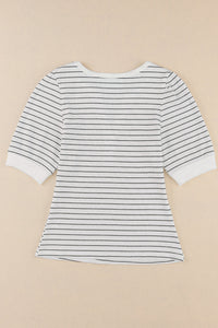 White Striped Print Notch V Neck Short Sleeve Top