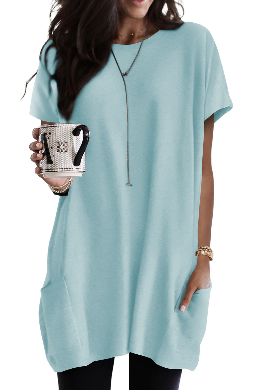 Gray Side Pockets Short Sleeve Tunic Top