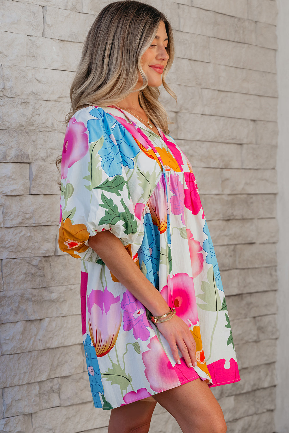 Rose Floral Print Split Neck Babydoll Dress