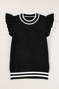 Black Edge Piping Ruffled Sleeve Round Neck Knit T Shirt