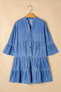 Sky Blue Chambray Ruffled 3/4 Sleeve Tiered Split V Neck Mini Dress