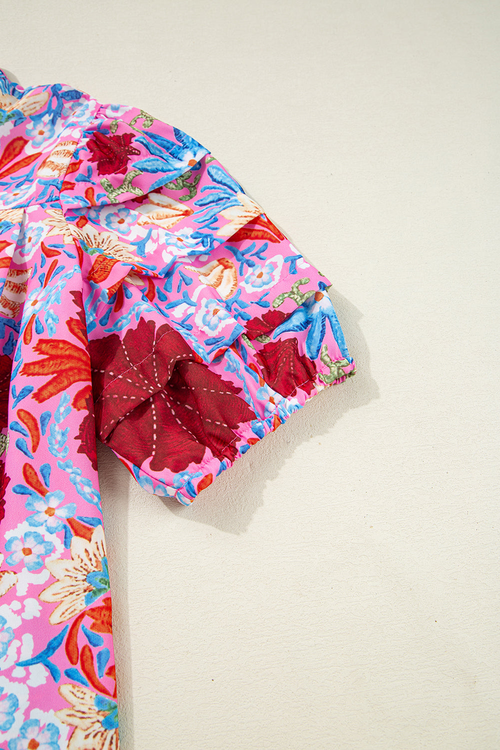 Pink Floral Print Bubble Sleeve Button Up Pleated Shirt