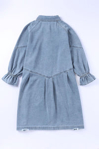 Gray Buttoned Long Sleeve Denim Mini Dress