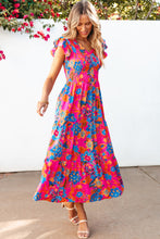 Load image into Gallery viewer, Rose Red Boho Floral V Neck Ruffle Tiered Long Dress
