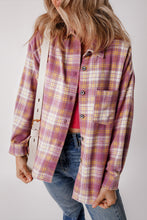 Load image into Gallery viewer, Pink Plaid Print Chest Pocket Long Sleeve Shacket
