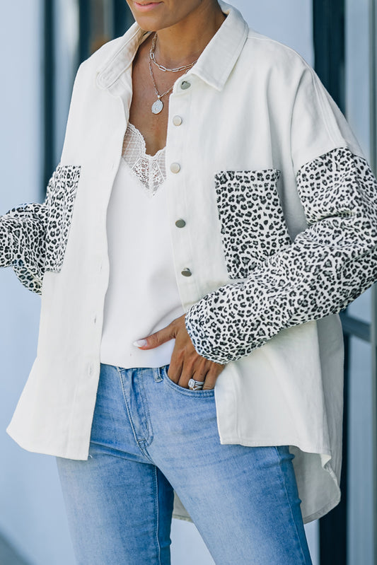 Black Contrast Leopard Denim Jacket