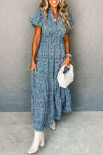 Load image into Gallery viewer, Blue Printed V Neck Shirred Short Puff Sleeve Maxi Dress
