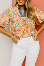 Load image into Gallery viewer, Multicolour Floral Print Bubble Sleeve V Neck Blouse
