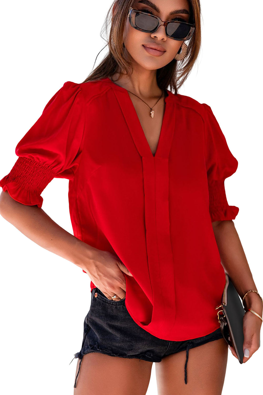 Apricot Solid Color Half Sleeve V Neck Blouse